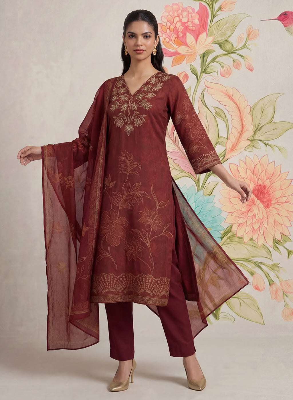 Kasni Maroon Printed Suit Set with Dupatta