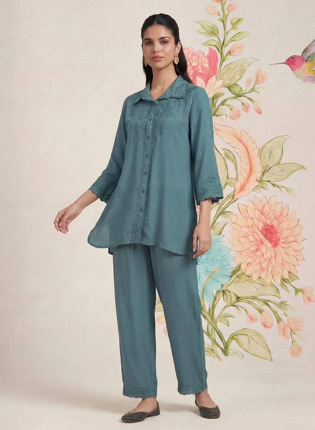Zoa Teal Monochrome Embroidered Co-ord Set