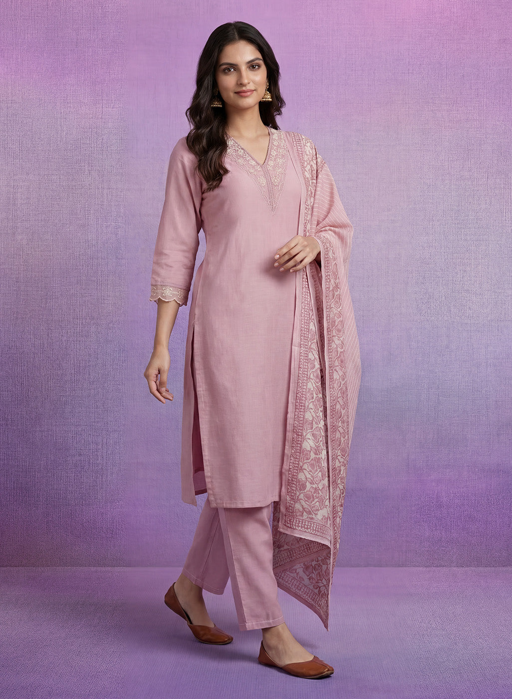 Pink mbroidered Suit Set with Dupatta