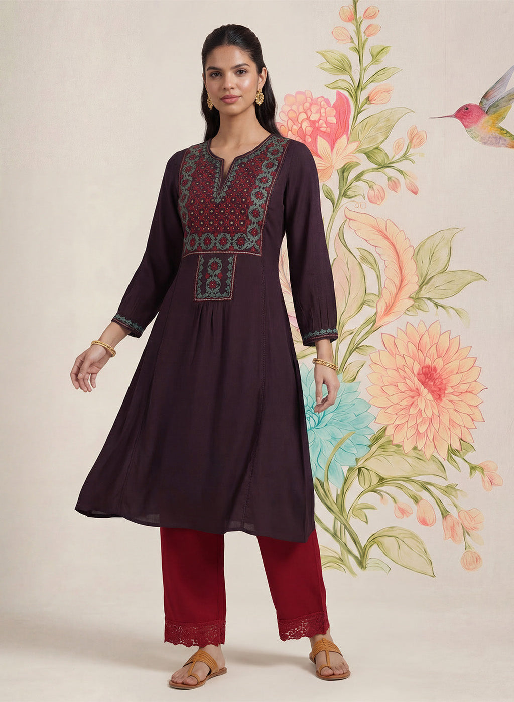 Jugni Wine Embroidered A-line Kurta