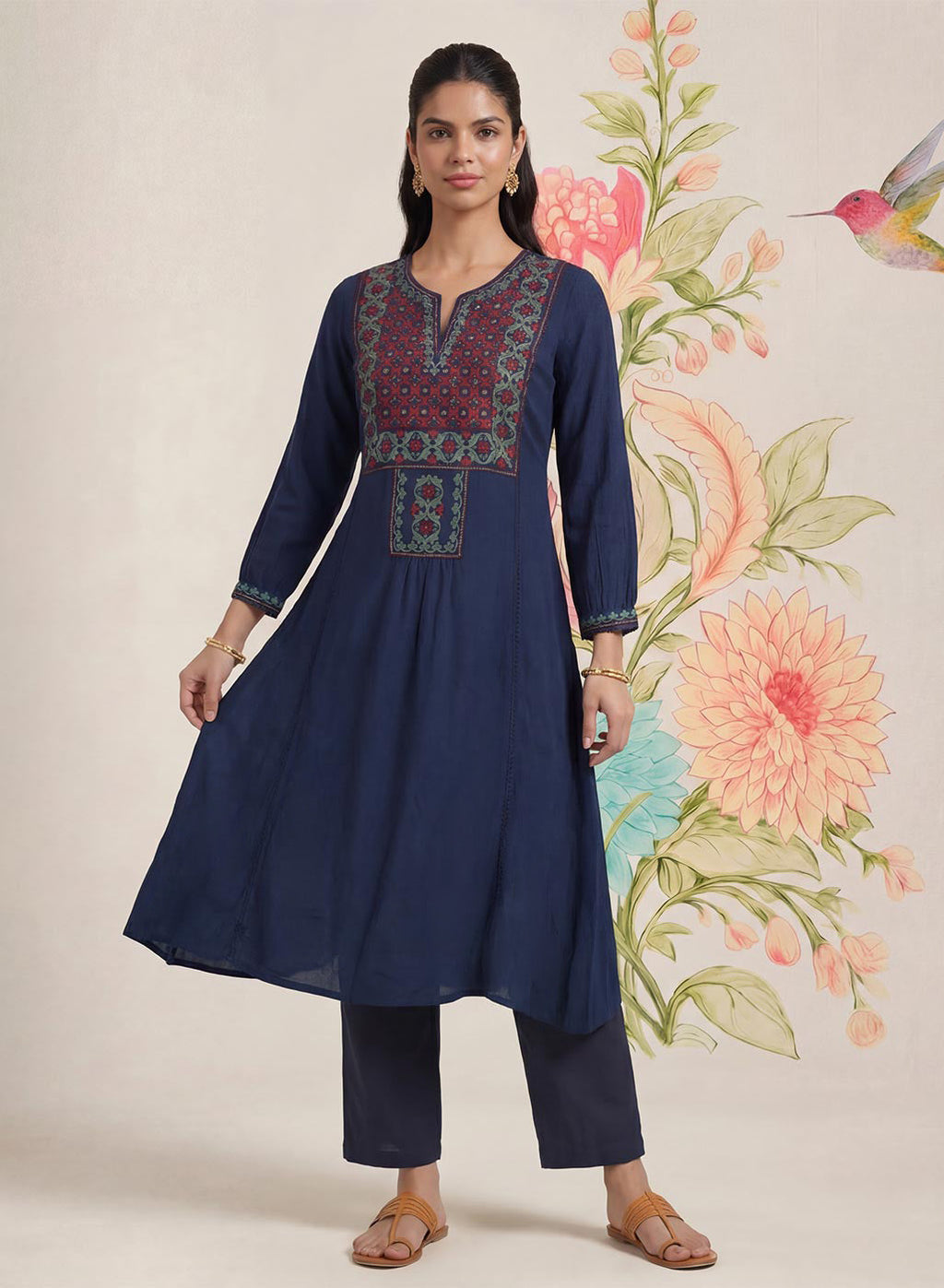 Jugni Navy Embroidered A-line Kurta