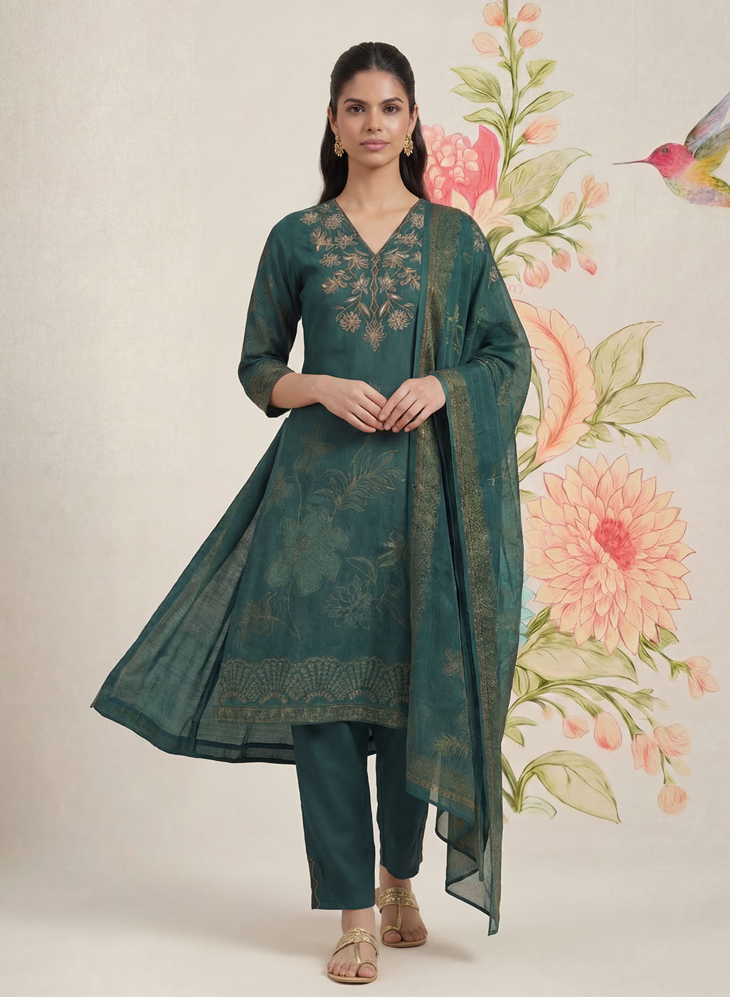 Kasni Teal Printed Suit Set with Dupatta