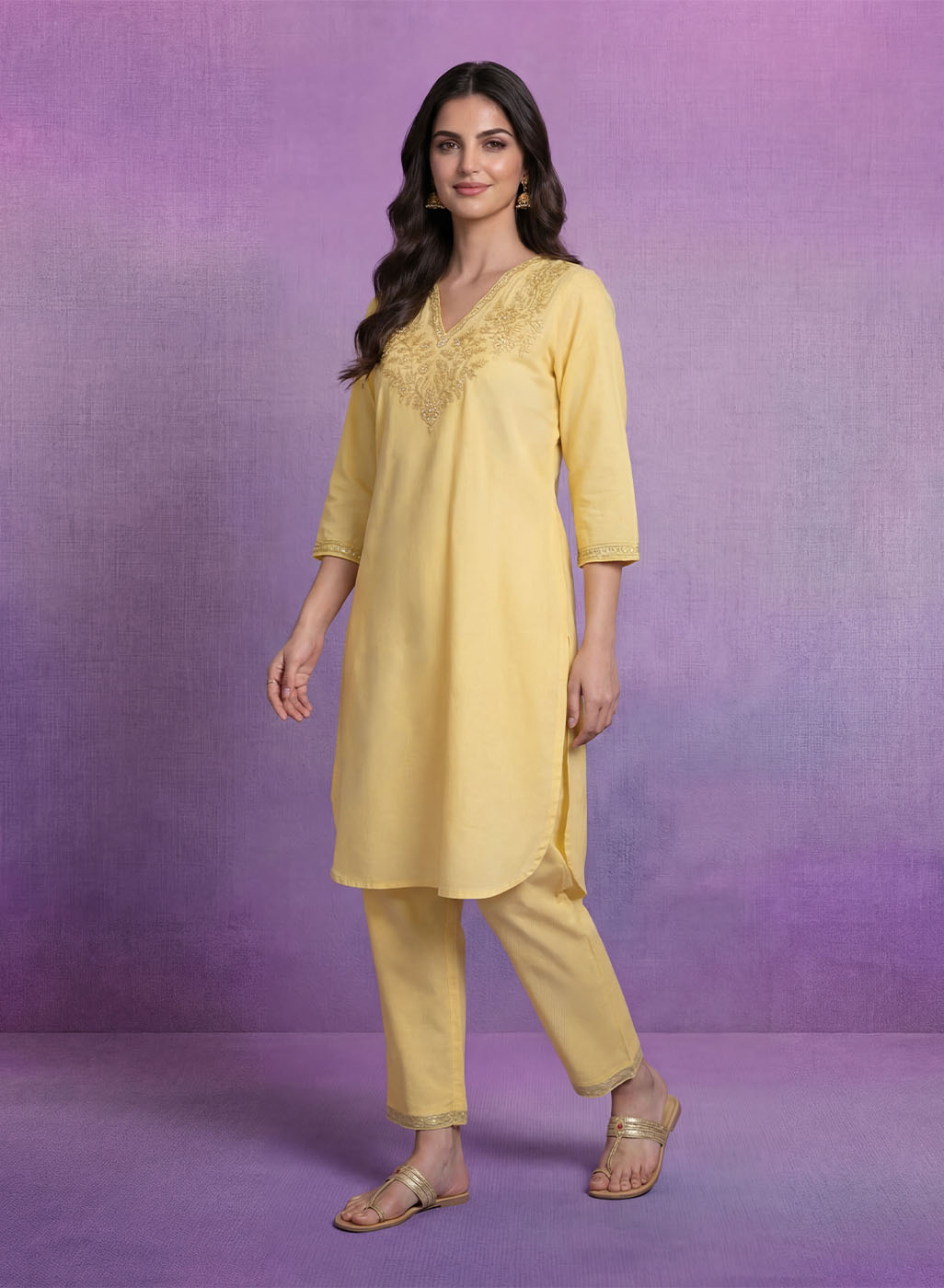 Light Yellow Embroidered Straight Kurta Set