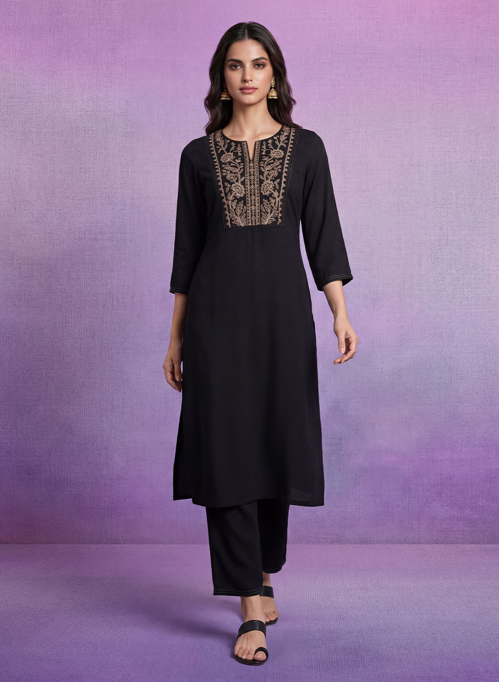 Black Cotton Blend Embroidered Co-ord Set