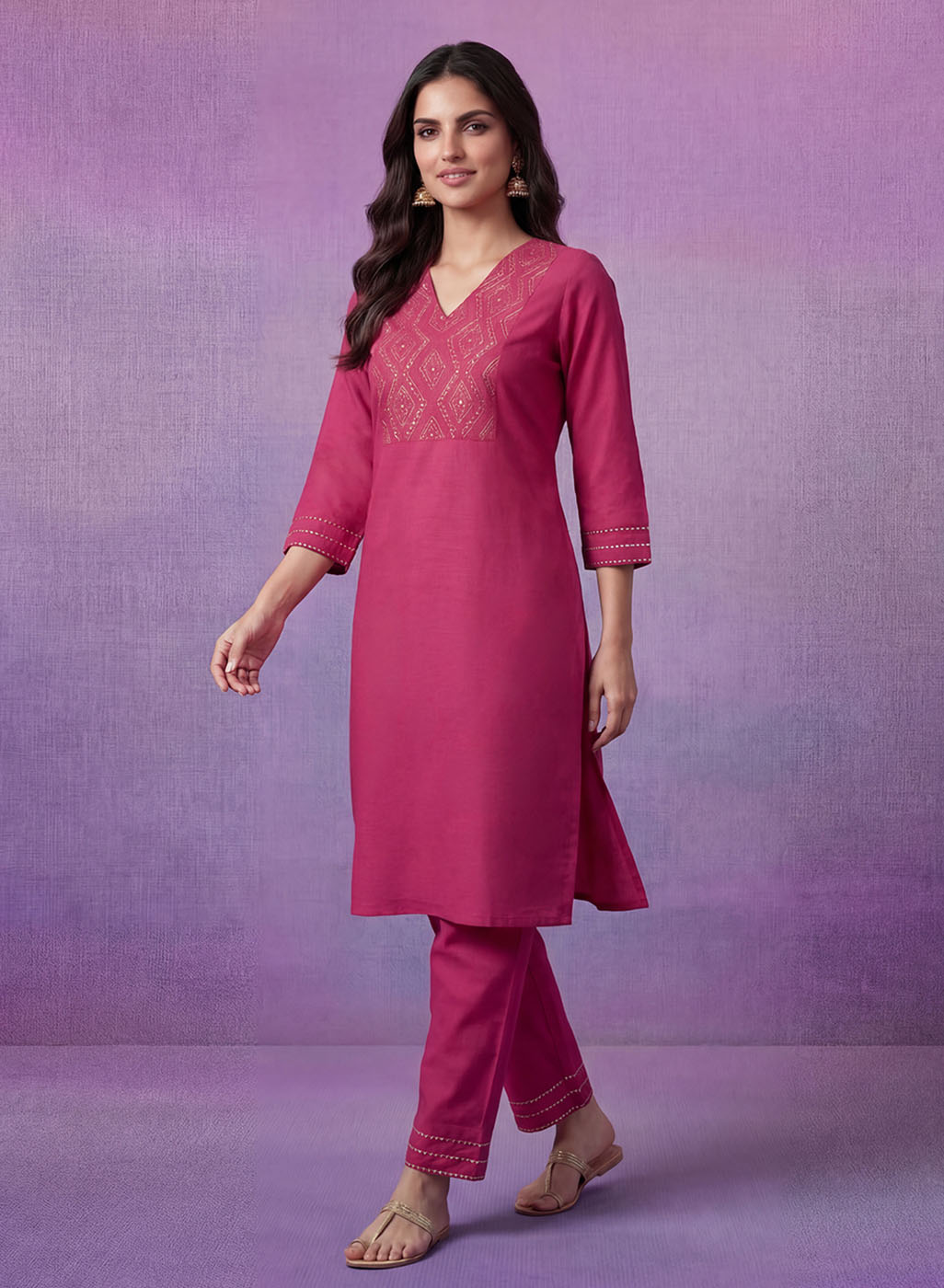 Fuchsia Cotton Blend Embroidered Kurta Set