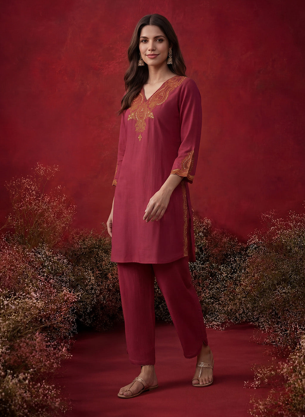 Fuchsia Embroidered Cotton Blend Regular Kurta Set