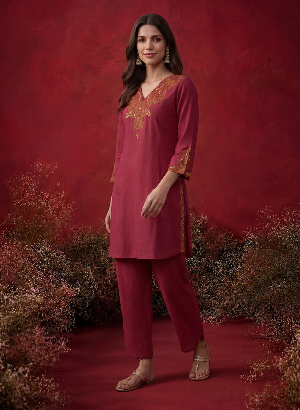 Fuchsia Embroidered Cotton Blend Regular Kurta Set