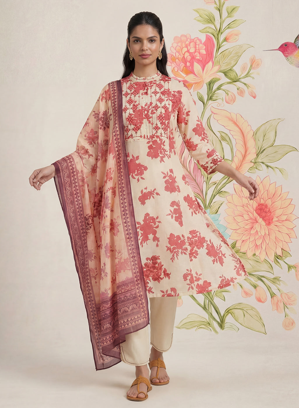 Falguni Red Printed Cotton Suit Set with Dupatta
