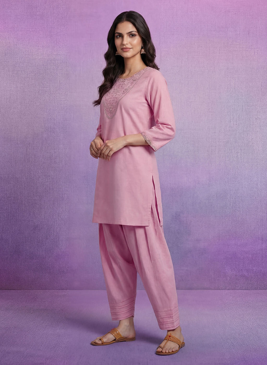 Pink Embroidered Cotton blend Kurta Set