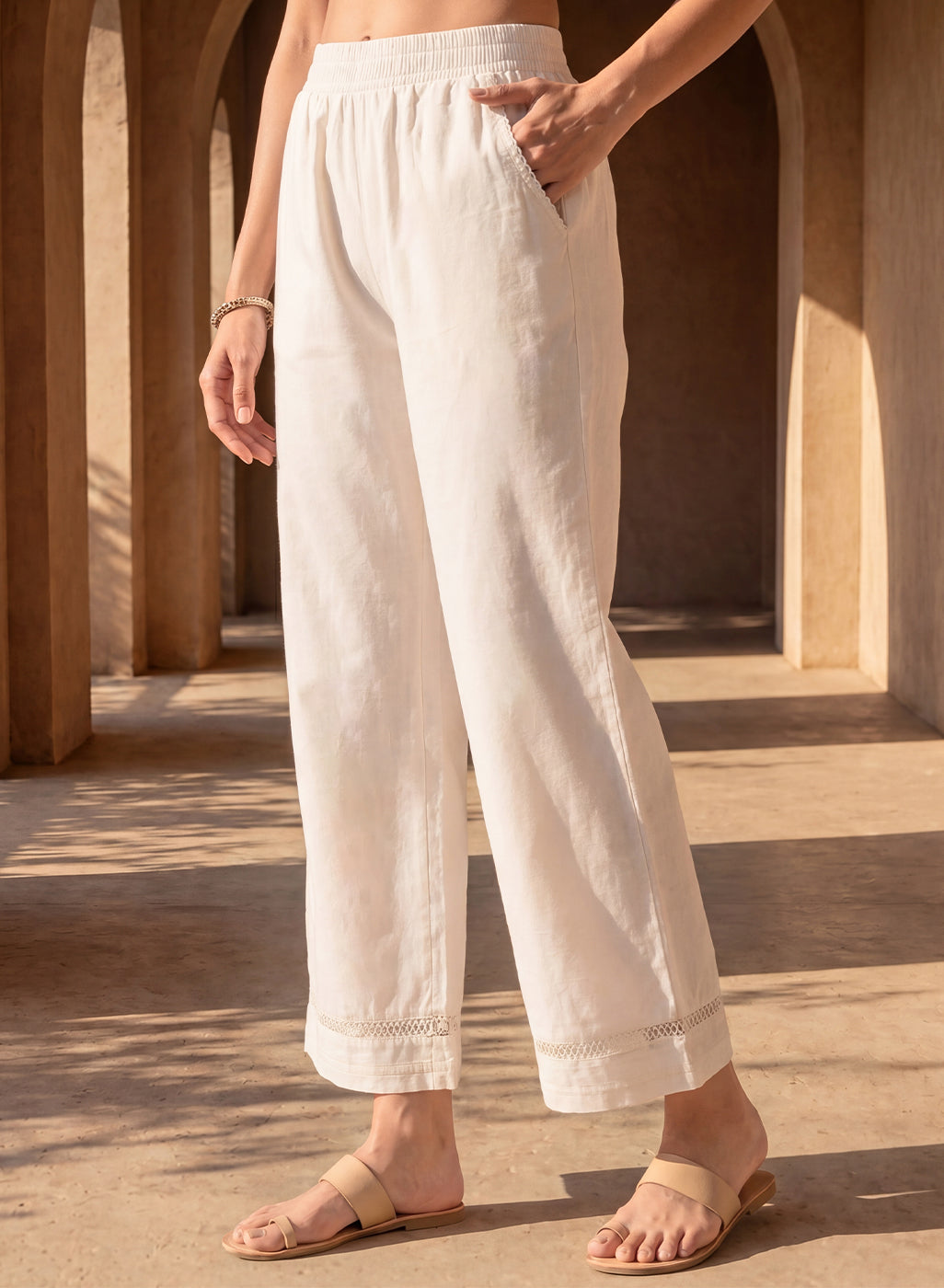 Ivory Linen Blend Daily Wear Palazzos