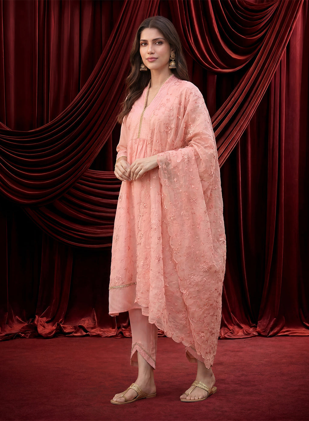 Pink Embroidered Chanderi Suit Set