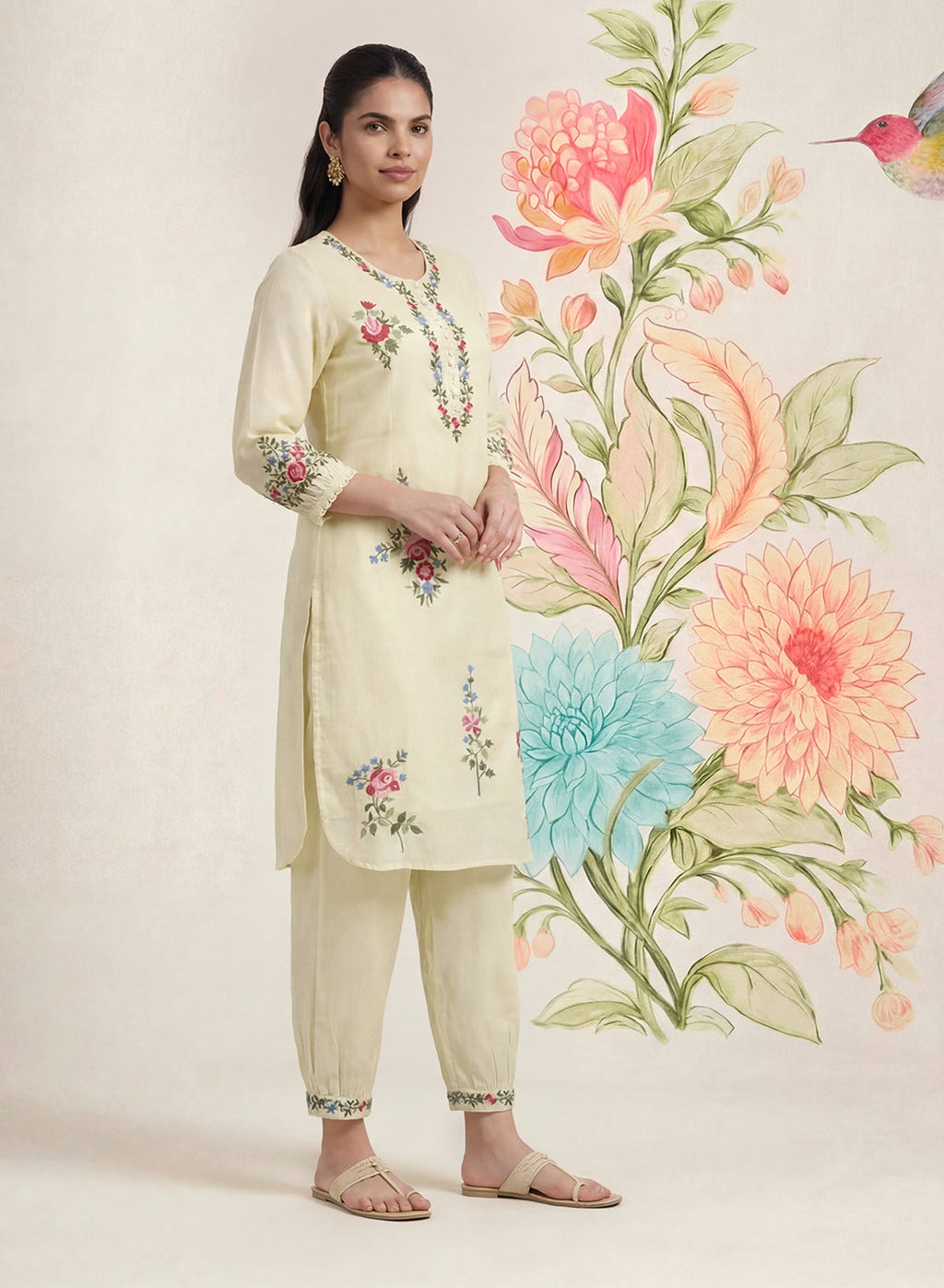 Saavan Light Green Embroidered Cotton blend Kurta Set