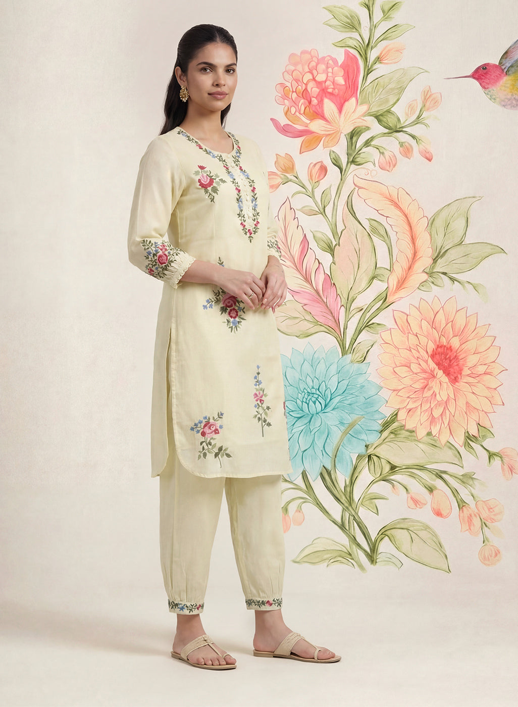 Saavan Light Green Embroidered Cotton blend Kurta Set