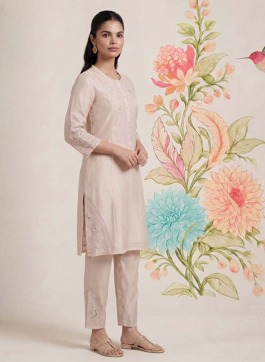 Suroor Light Beige Embroidered Chanderi Kurta Set