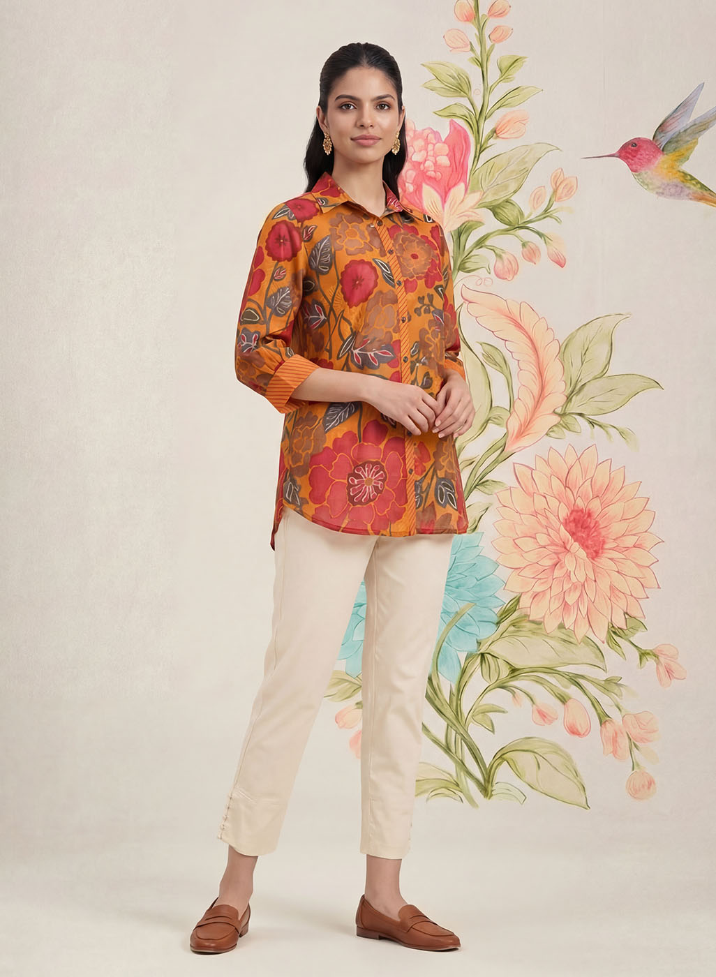 Survani Mustard Floral Printed Cotton Shirt
