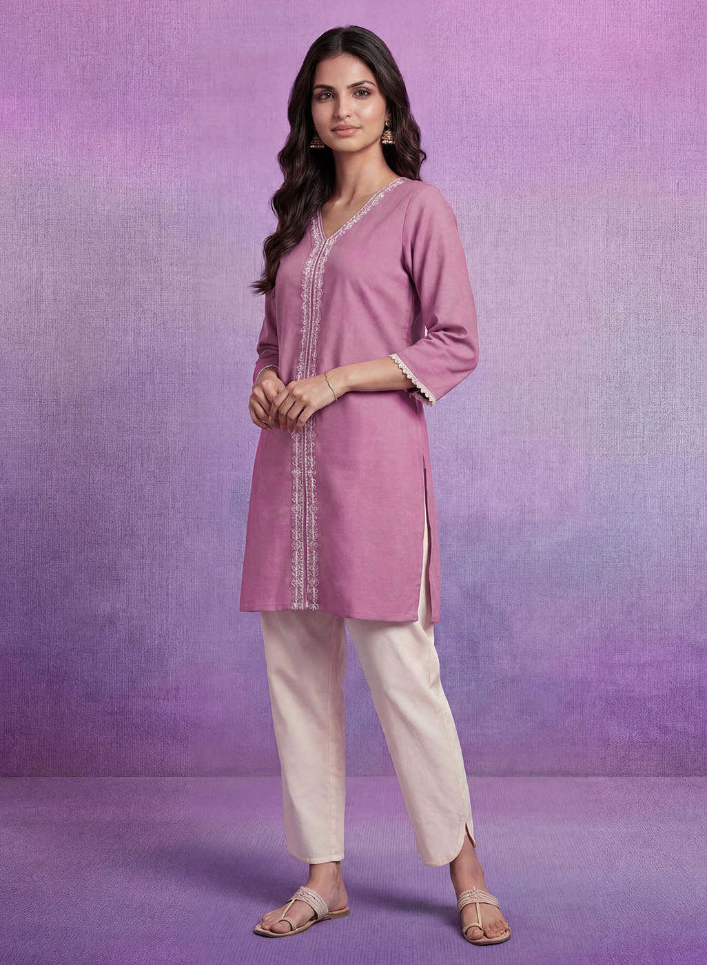 Lavender Embroidered Straight Kurta Set