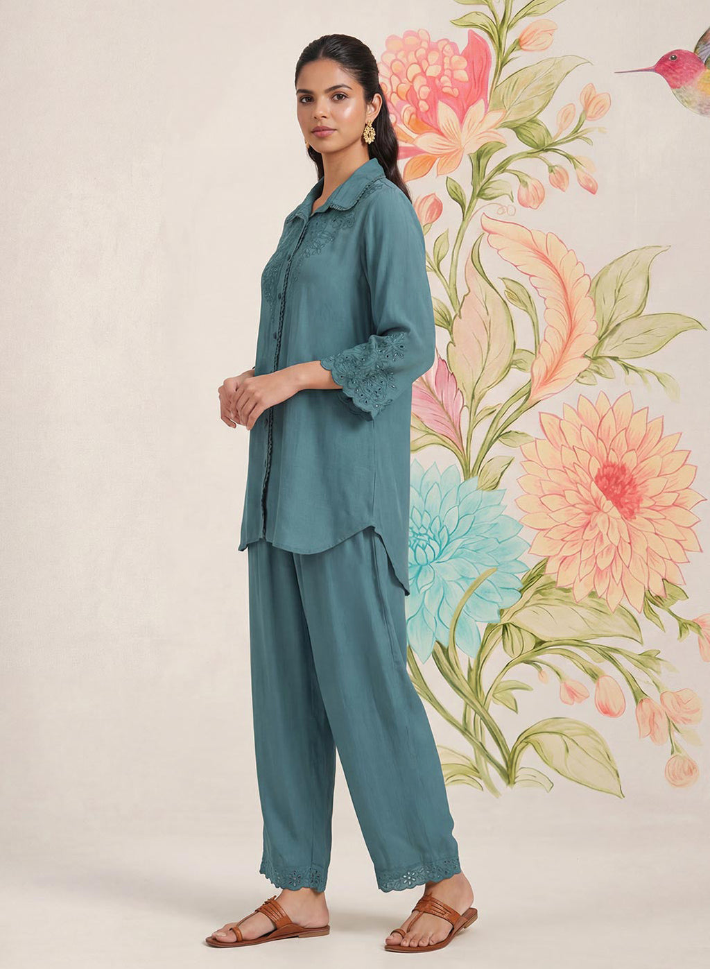 Zoa Teal Monochrome Embroidered Co-ord Set
