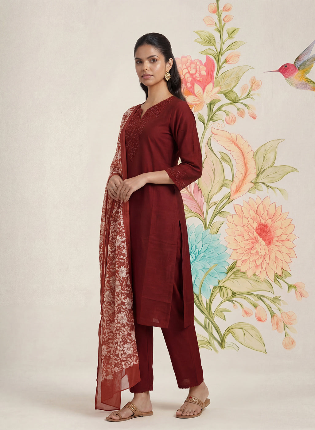 Ragini Maroon Embroidered Straight Suit Set with Dupatta