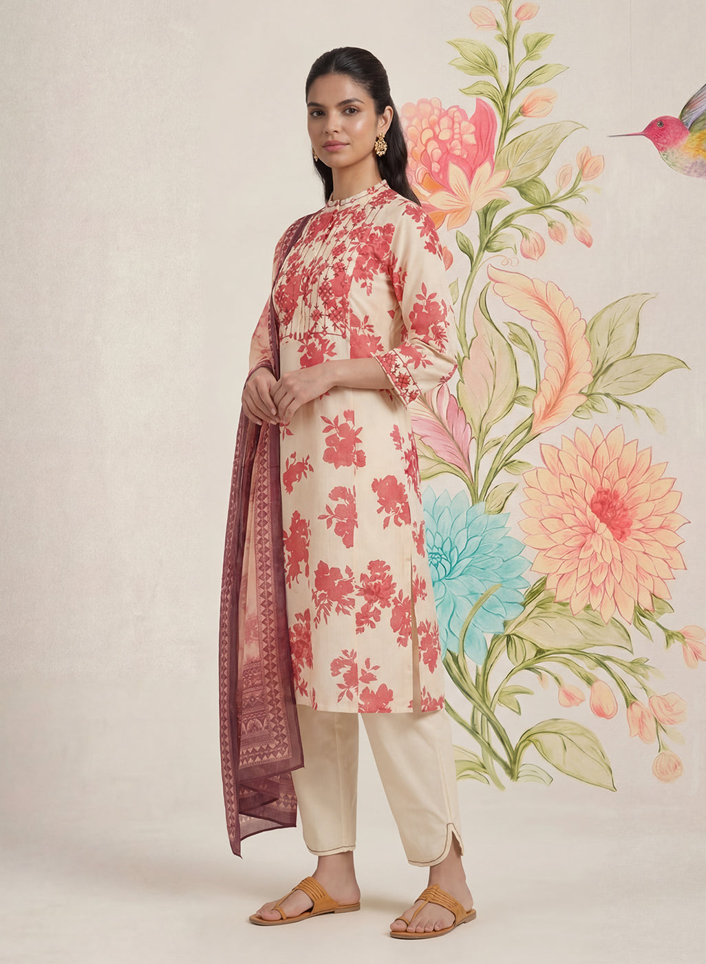 Falguni Red Printed Cotton Suit Set with Dupatta