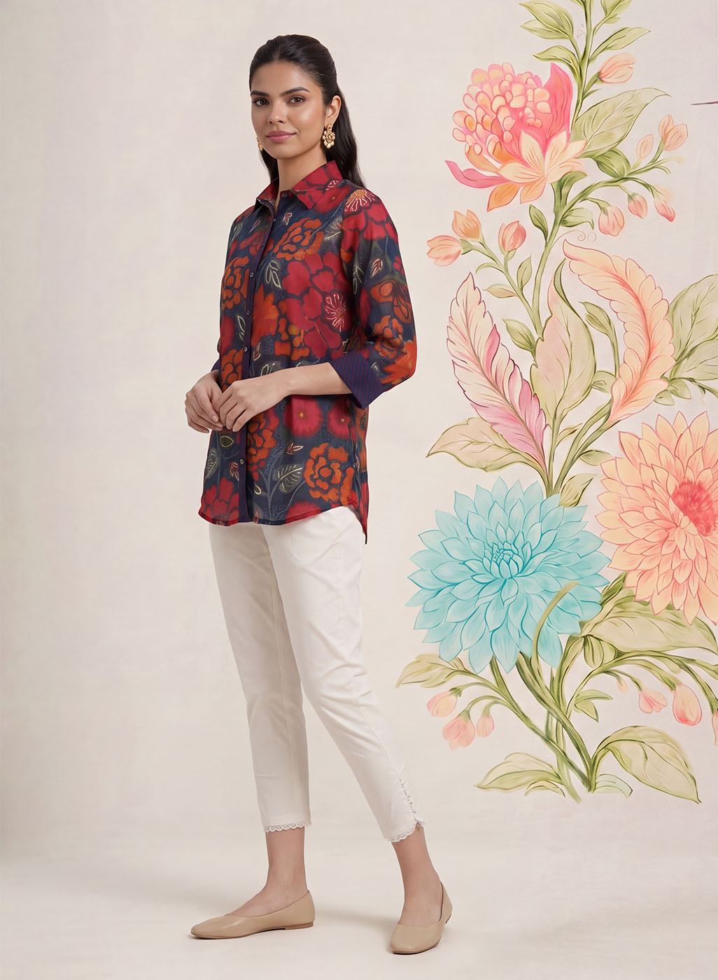 Survani Navy Floral Printed Cotton Shirt