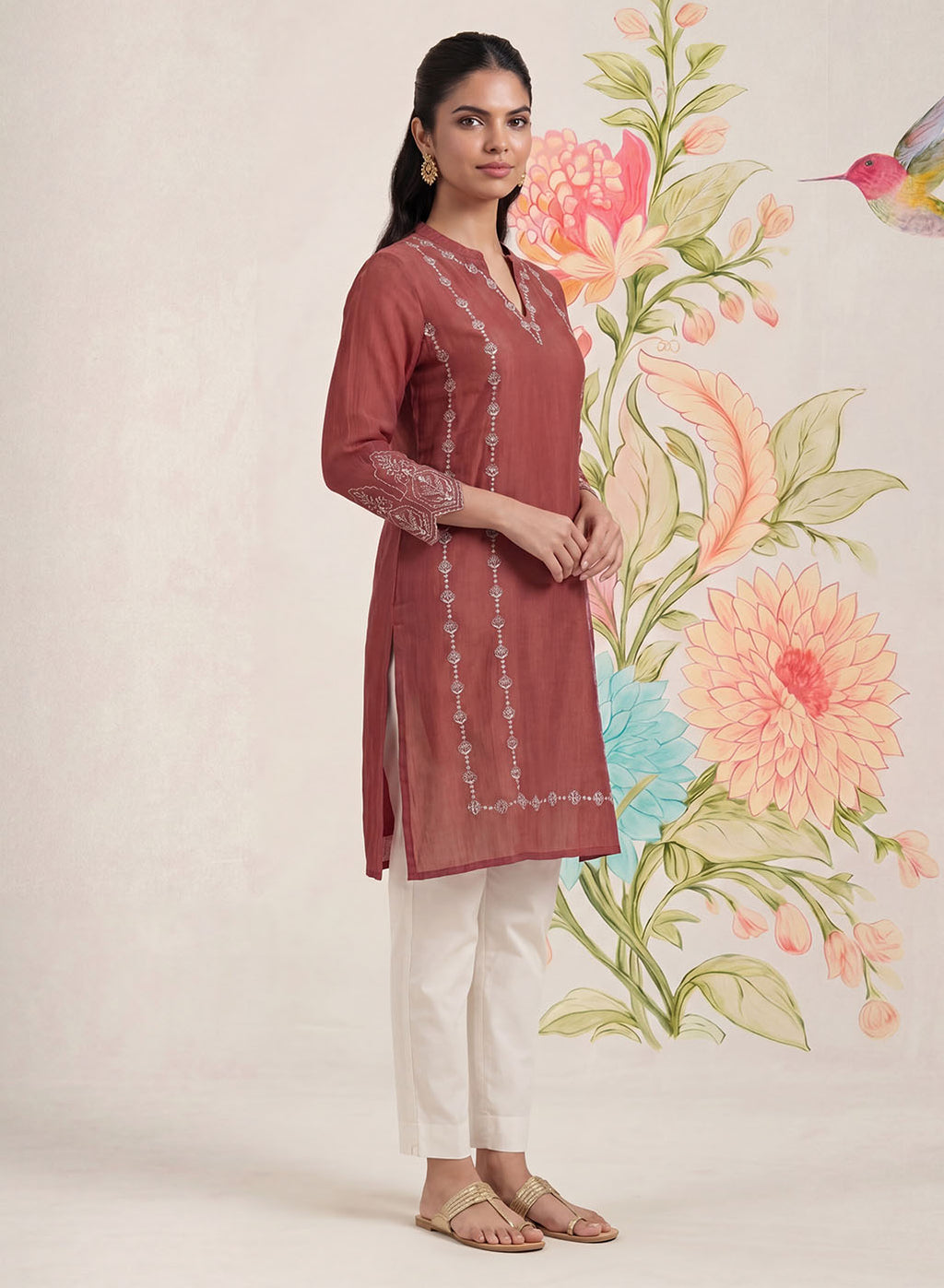 Akshi Red Embroidered A-line Linen-blend Tunic