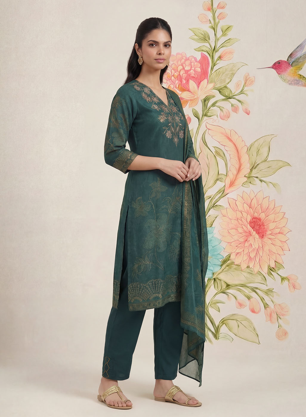 Kasni Teal Printed Suit Set with Dupatta