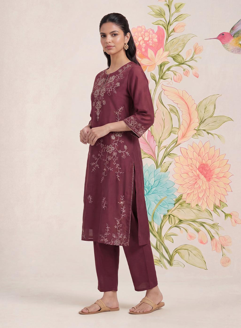 Jogan Maroon Embroidered Chanderi Kurta Set