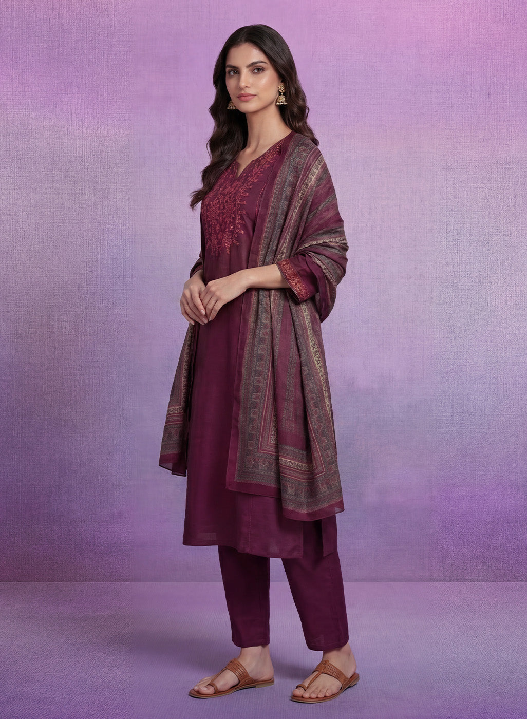 Wine Embroidered Suit Set with Dupatta