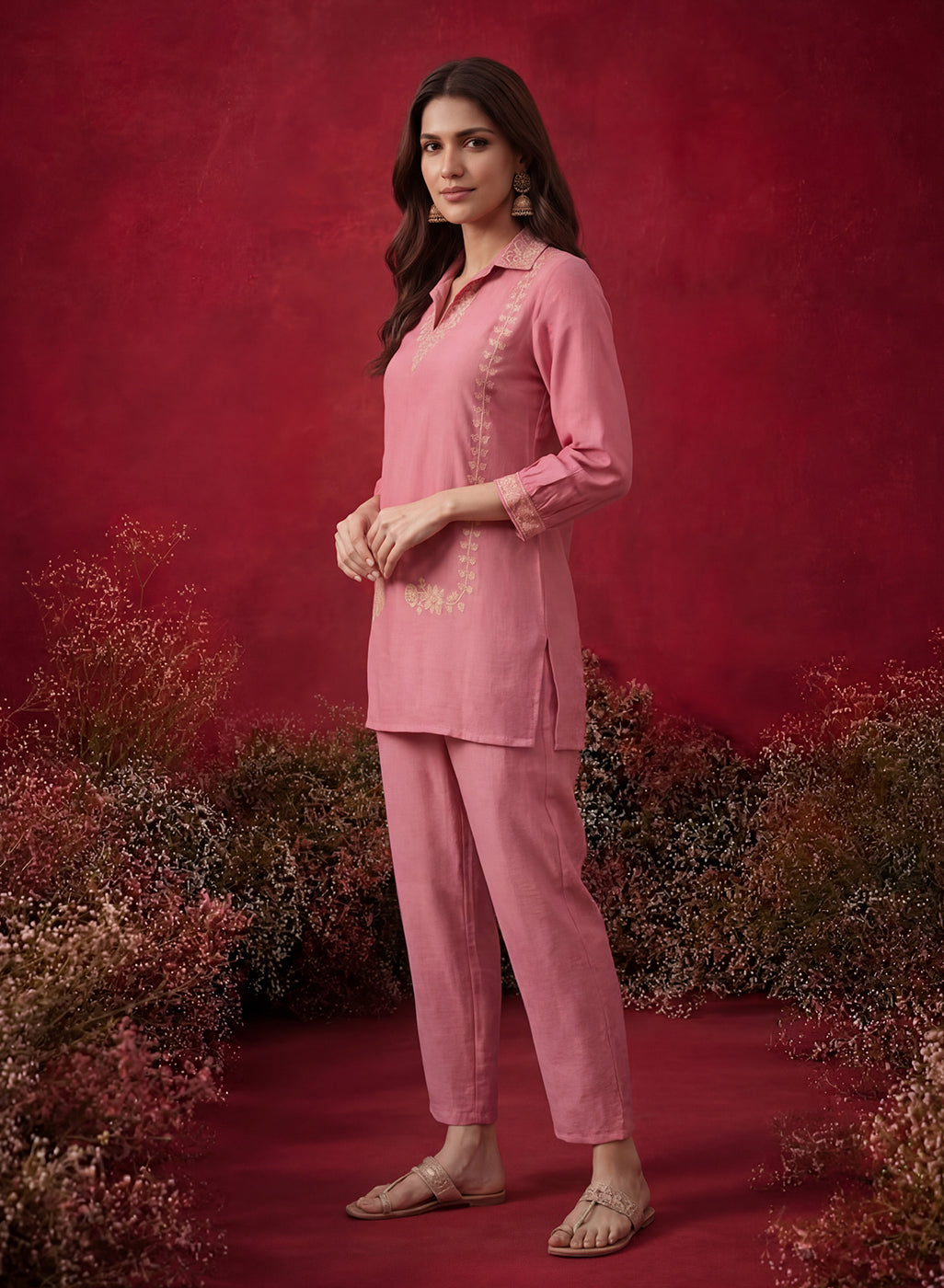 Peach Embroidered Cotton Blend Regular Co-ord Set