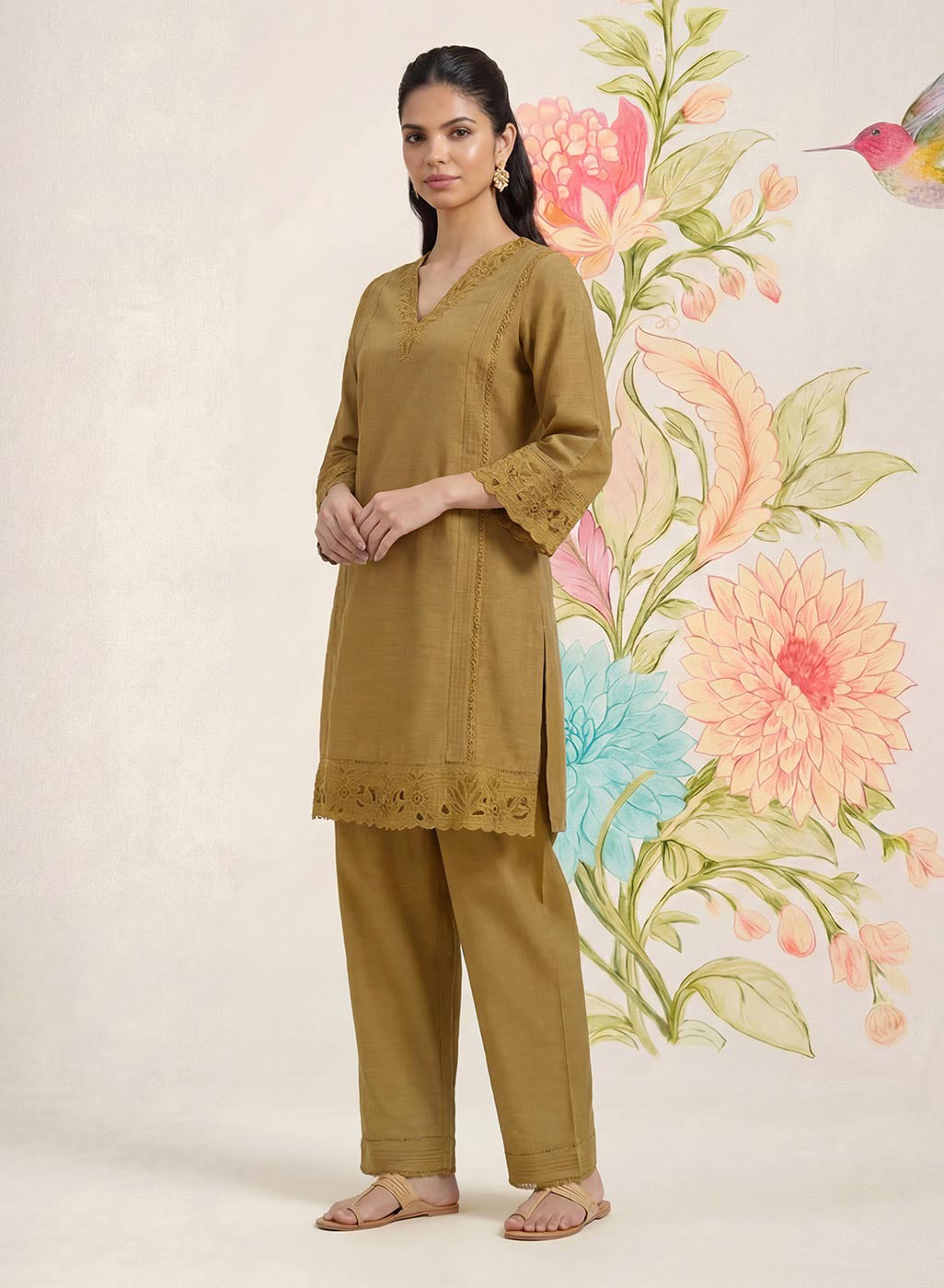 Shayeri Olive Embroidered A-line Kurta Set