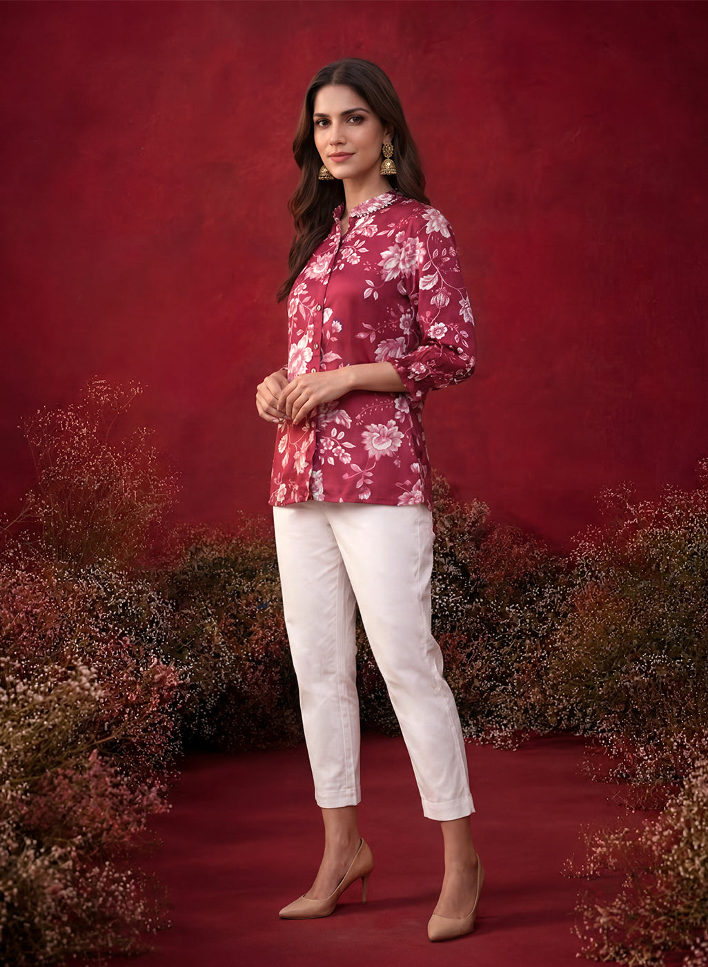 Fuchsia All Over Printed Satin Shirt