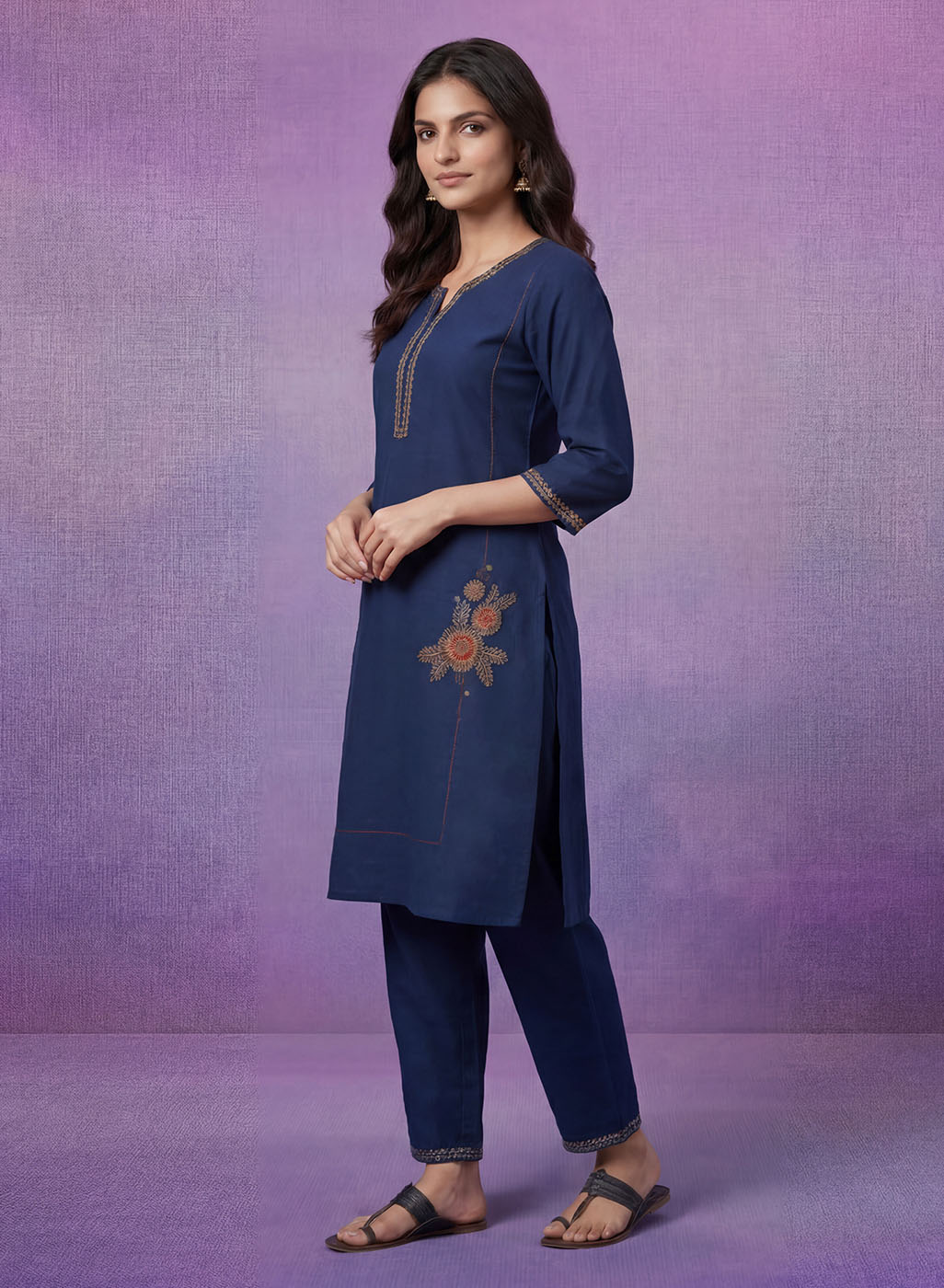 Blue Cotton Blend Embroidered Kurta Set