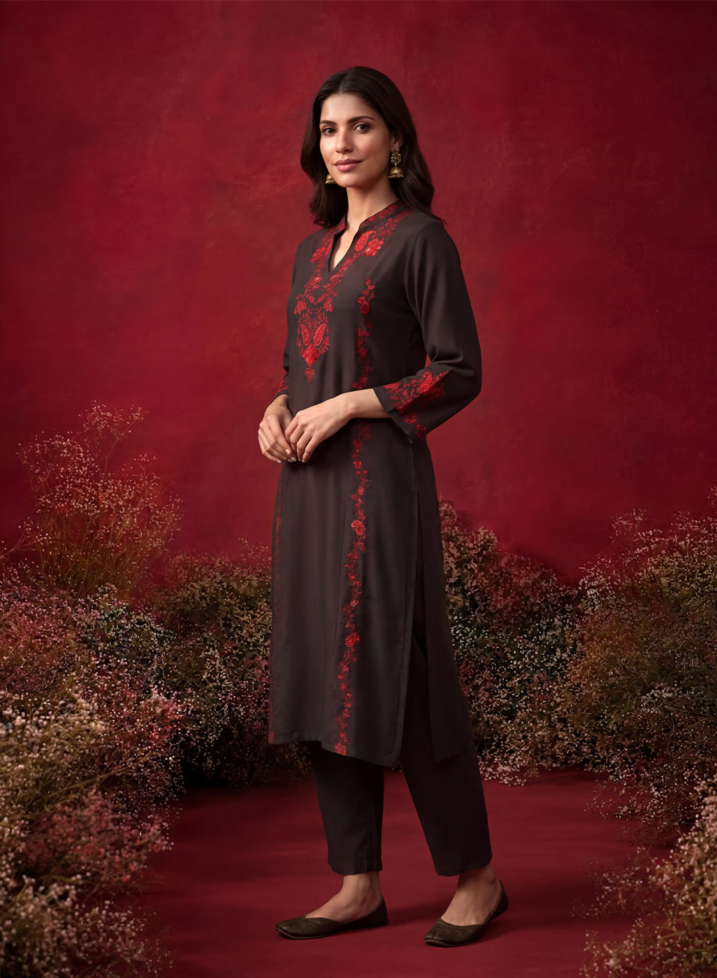 Brown Embroidered Cotton Blend Everyday Kurta