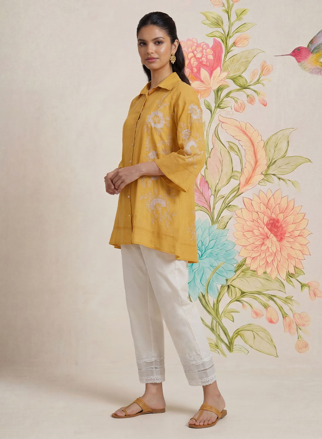 Maitri Mustard Embroidered A-line Tunic