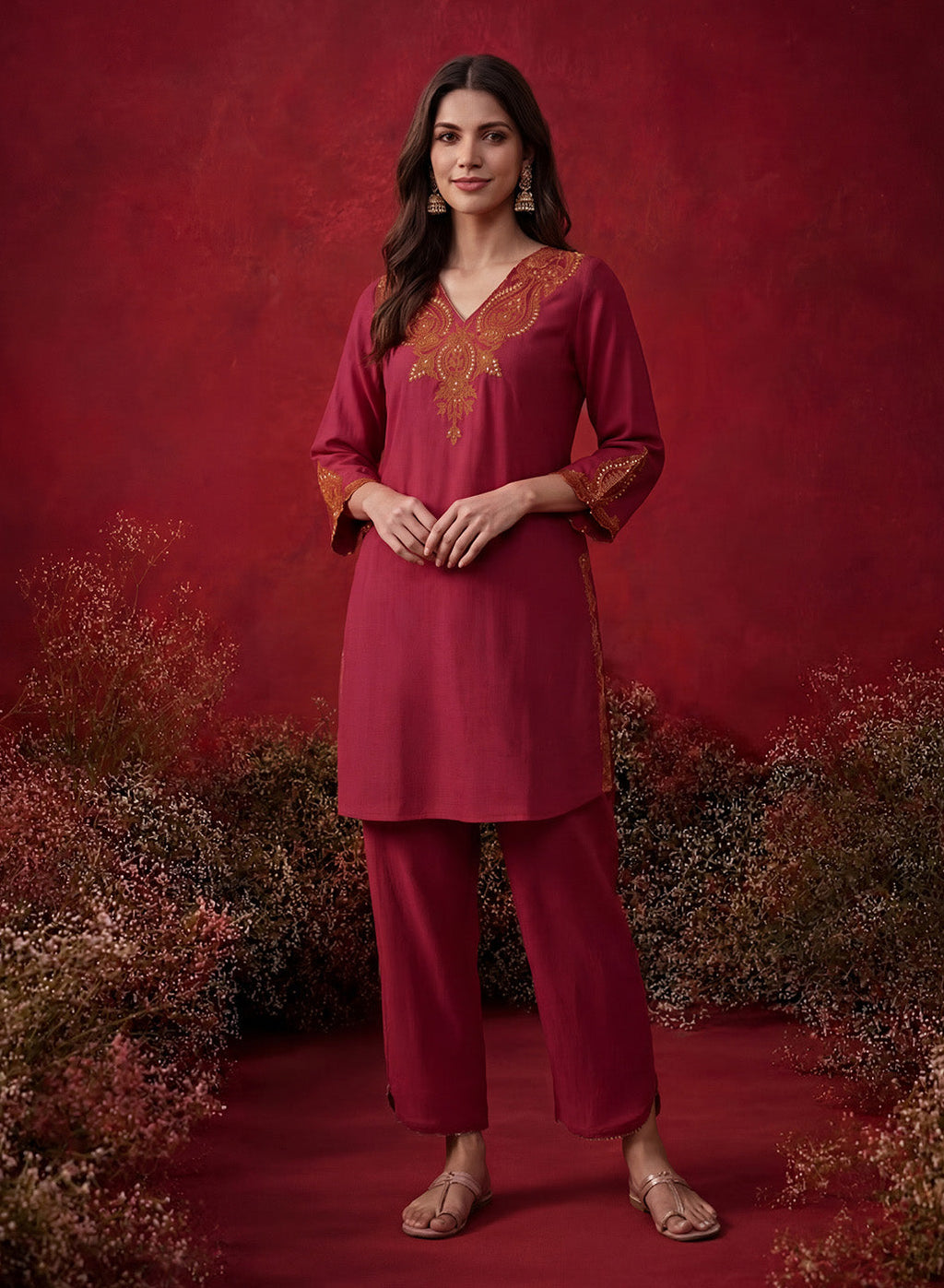 Fuchsia Embroidered Cotton Blend Regular Kurta Set