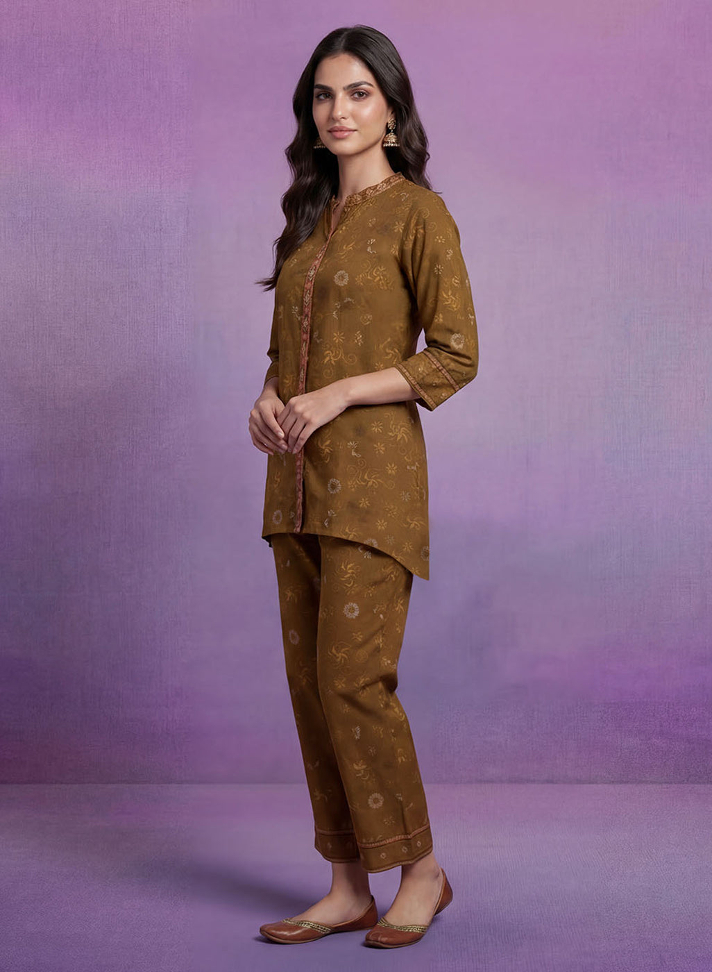 Olive Embroidered Panelled Co-ord Set