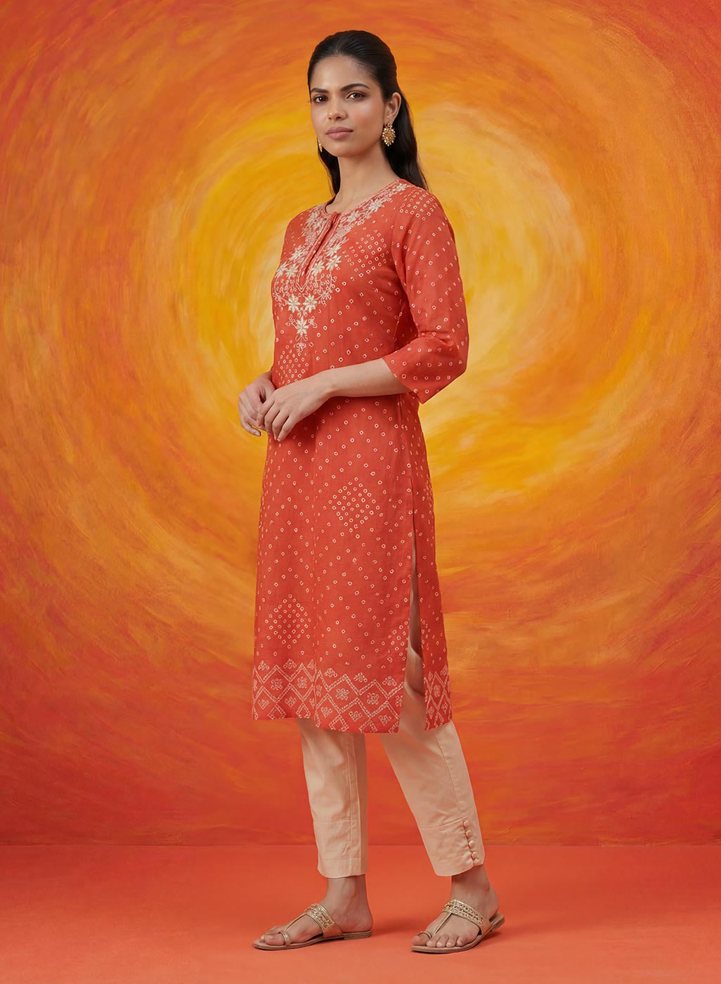 Khas Orange Bandhni Printed Straight Kurta