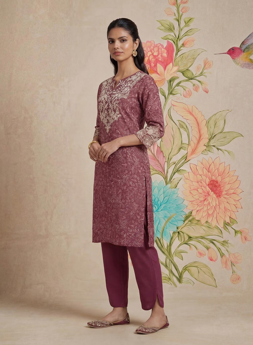 Iraavat Wine Embroidered Cotton Kurta Set