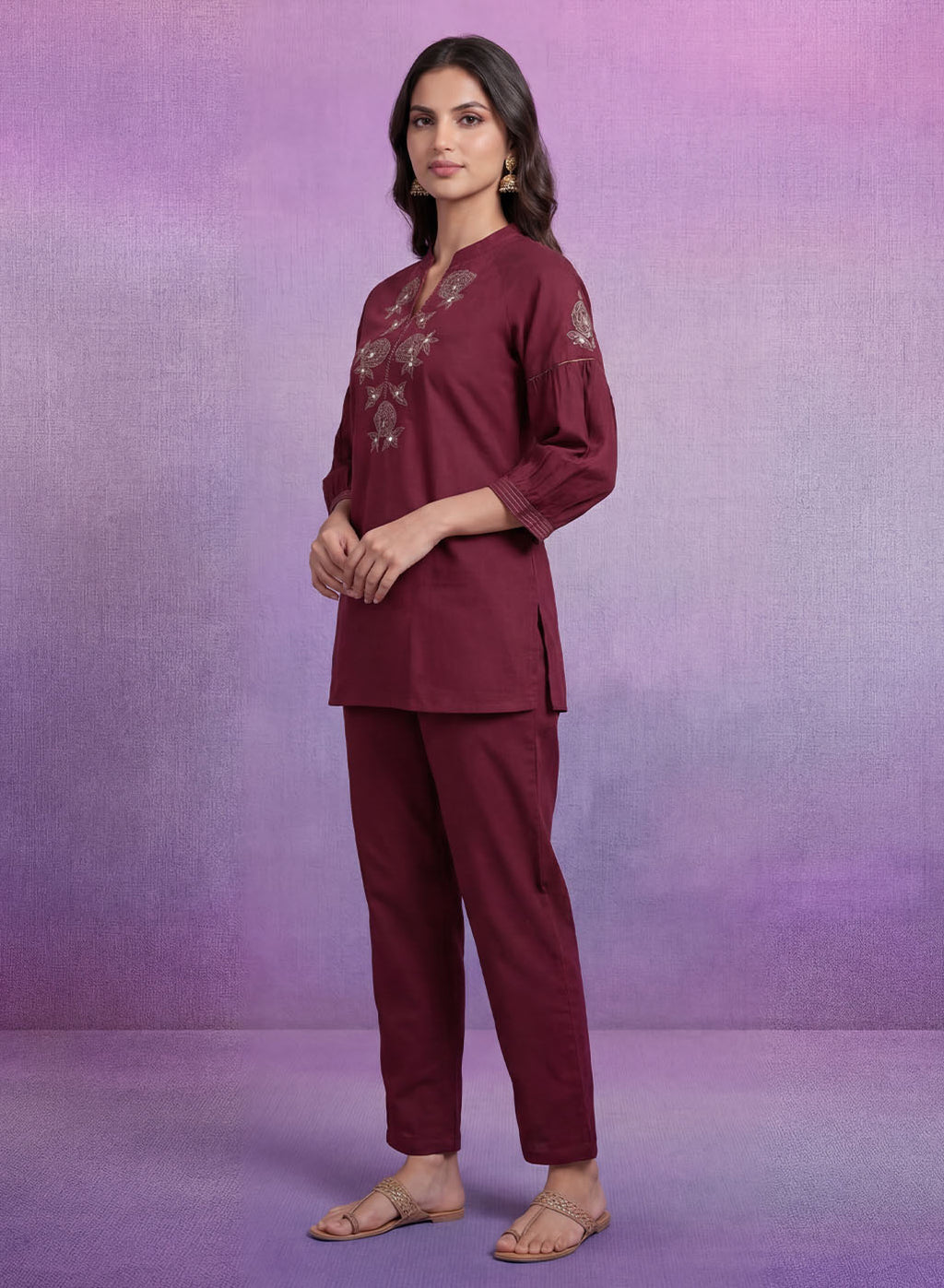 Maroon Embroidered Co-ord Set