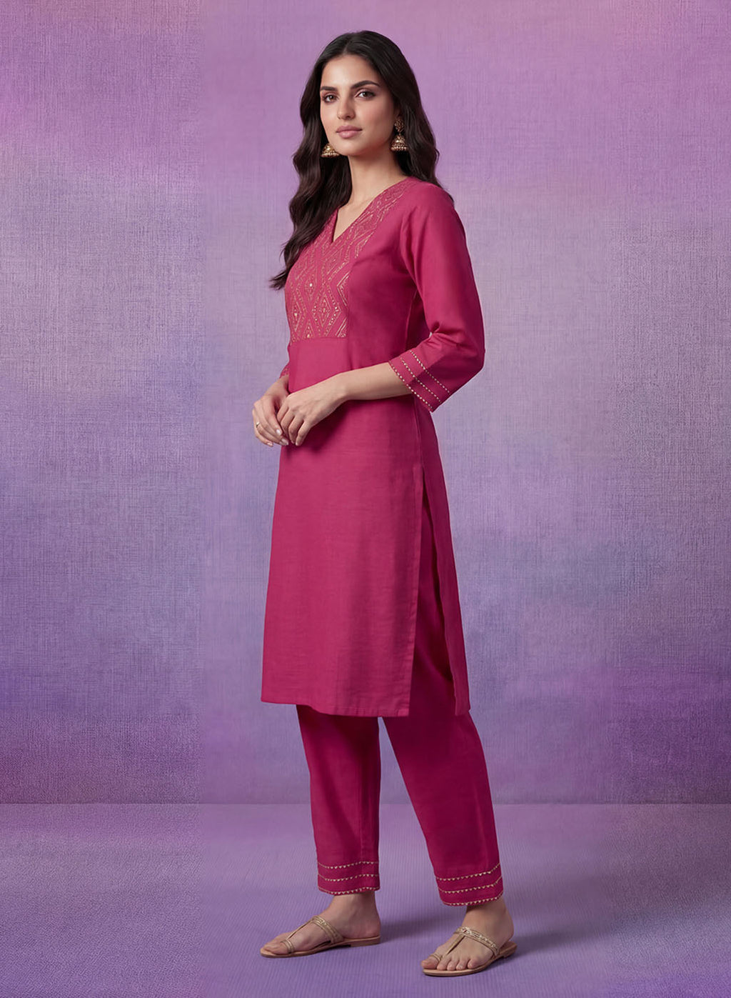 Fuchsia Cotton Blend Embroidered Kurta Set