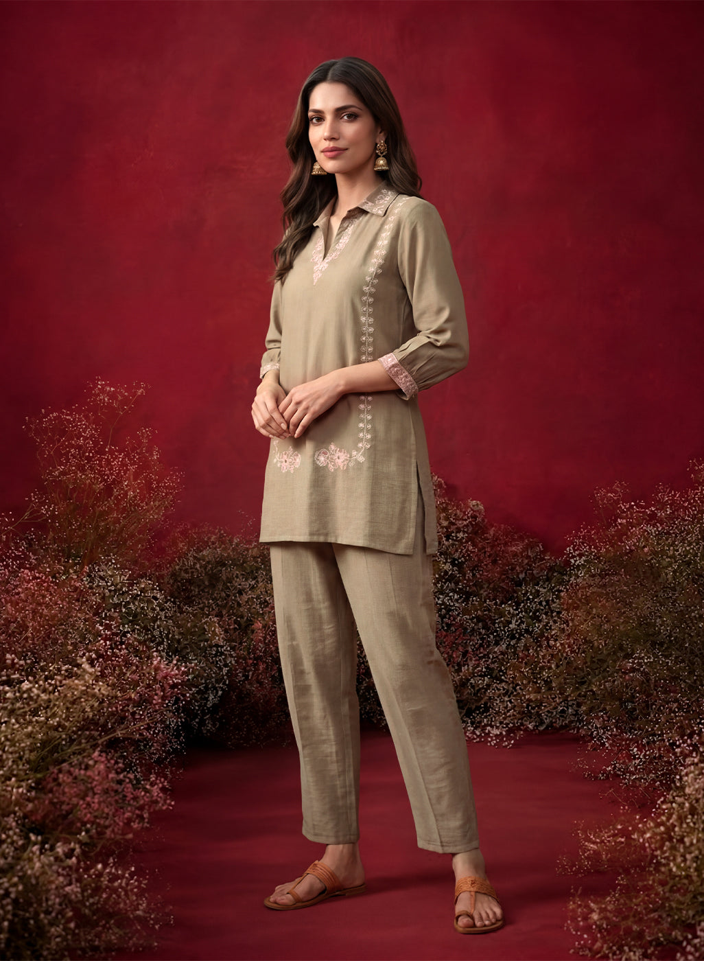 Green Embroidered Cotton Blend Regular Co-ord Set