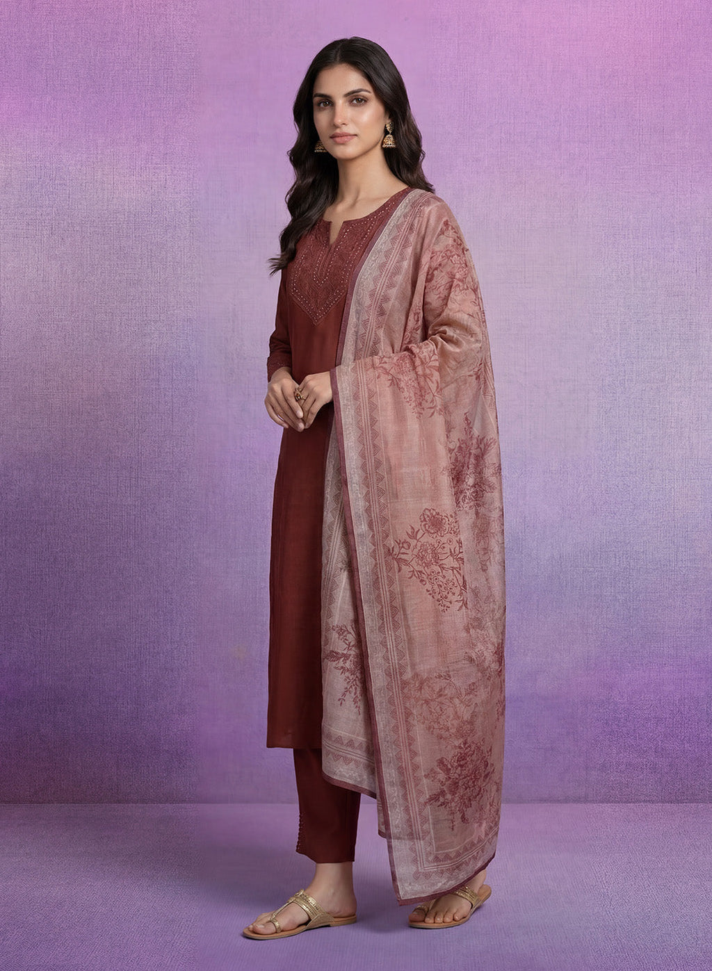 Fuchsia Embroidered Silk Suit Set with contrast Dupatta