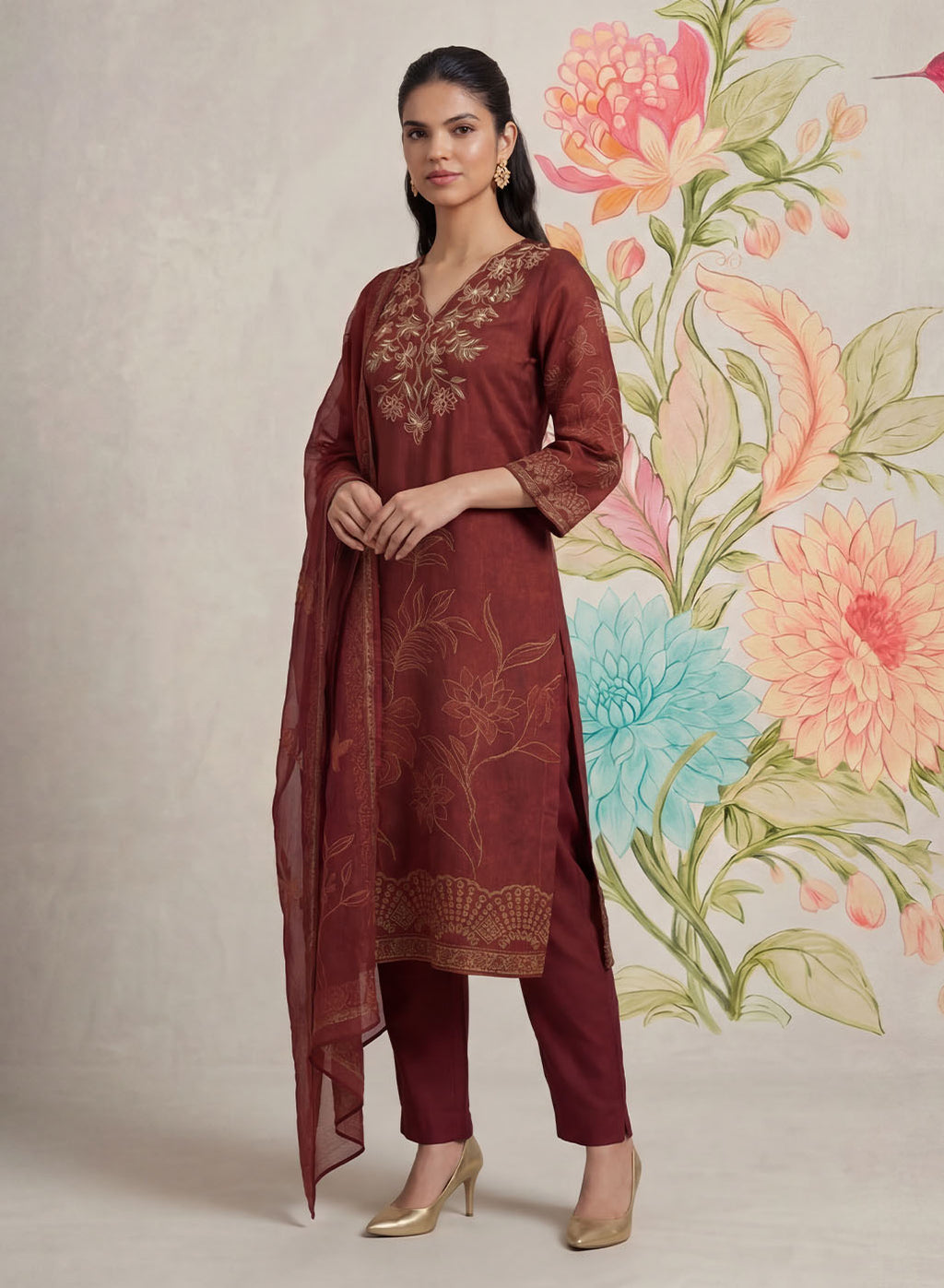 Kasni Maroon Printed Suit Set with Dupatta
