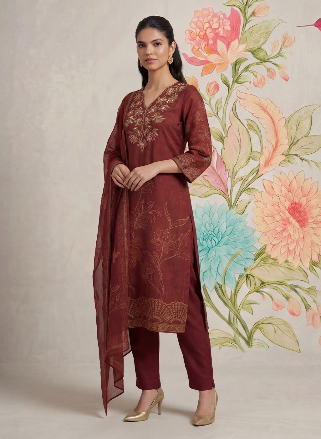 Kasni Maroon Printed Suit Set with Dupatta