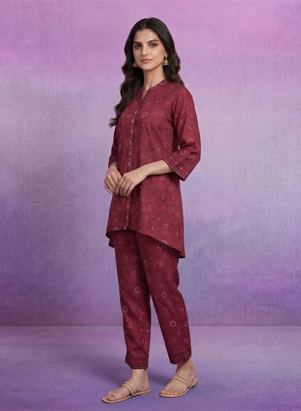 Maroon Embroidered Panelled Co-ord Set
