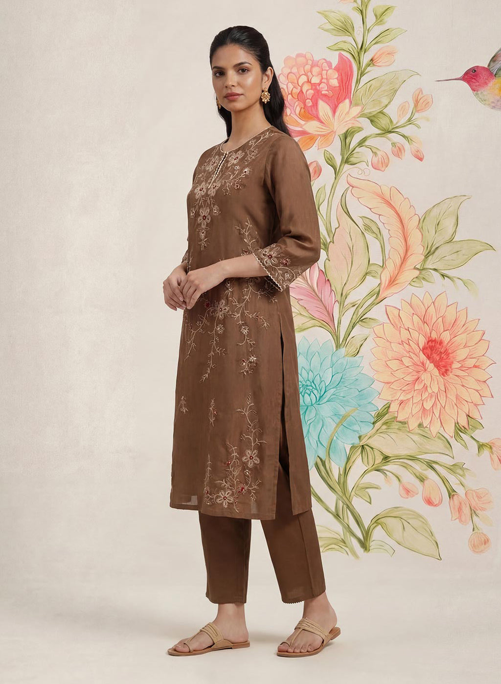Jogan Brown Embroidered Chanderi Kurta Set