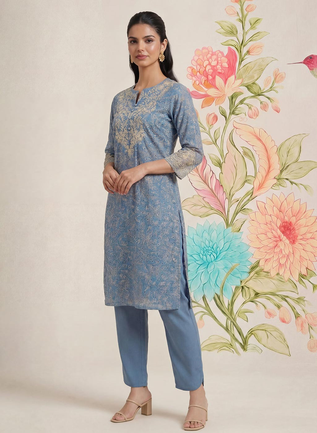Iraavat Blue Embroidered Cotton Kurta Set