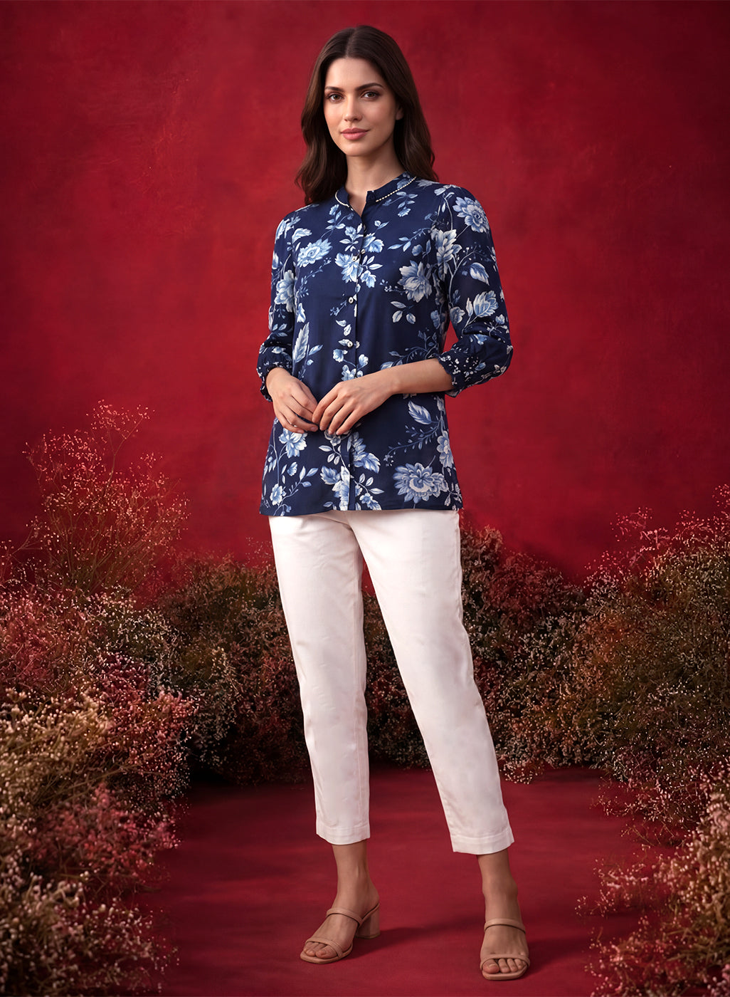 Navy All Over Printed Satin Shirt