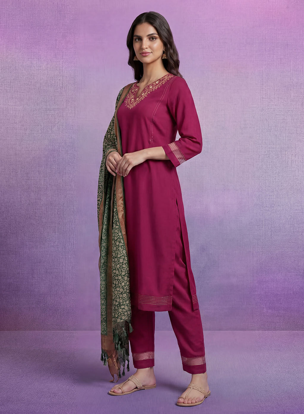 Fuchsia Embroidered Suit Set with contrast Dupatta