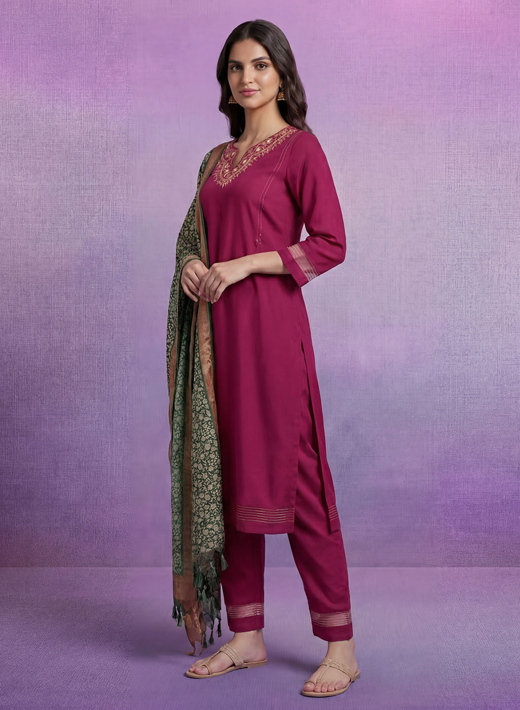 Fuchsia Embroidered Suit Set with contrast Dupatta